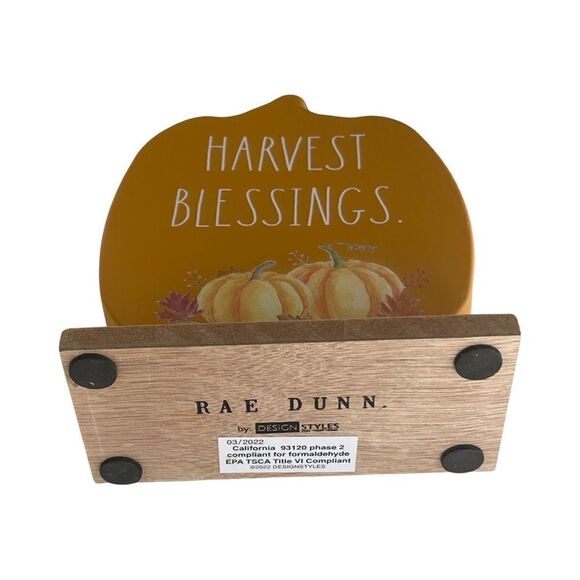 Rae Dunn Orange Freestanding Harvest Blessings Metal Pumpkin Wood Base Sign NWT - Picture 5 of 5